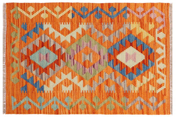 Flat Weave Kilim, Antique, Navaho, Vintage, Handmade, Geometric Kilim Rust Blue Hand-Woven Rectangle 100% Wool Area Rug 2 x 3
